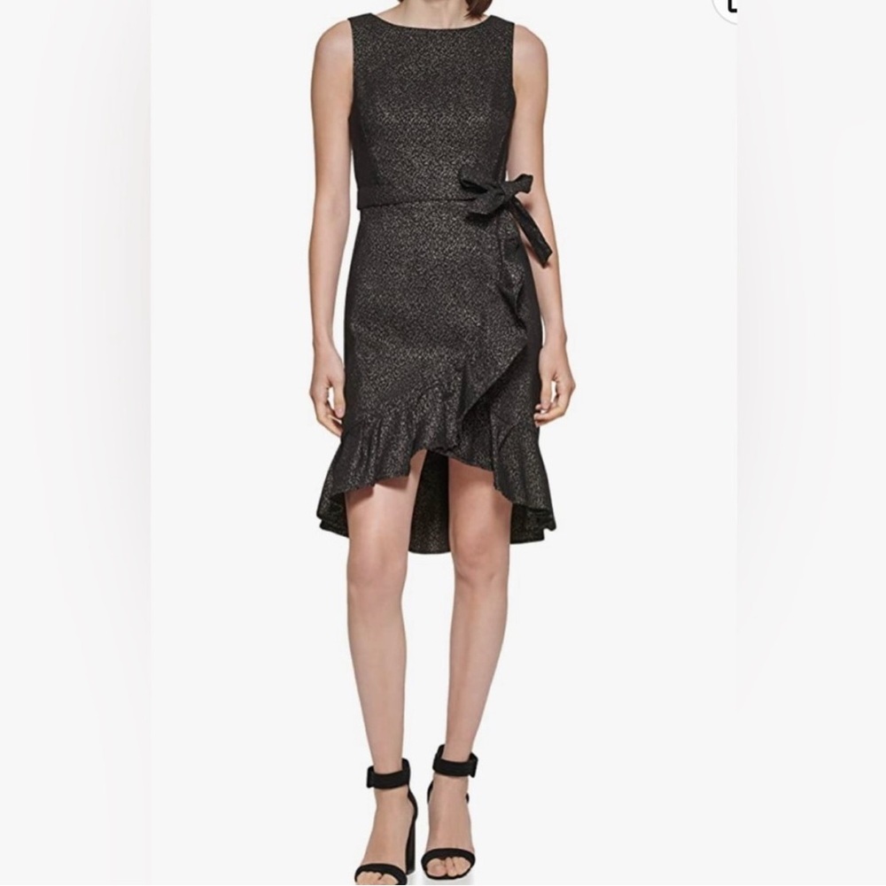 CALVIN KLEIN NWT $134 Stretch Metallic Belted Ruffle Flounce Dress Size 10 Party